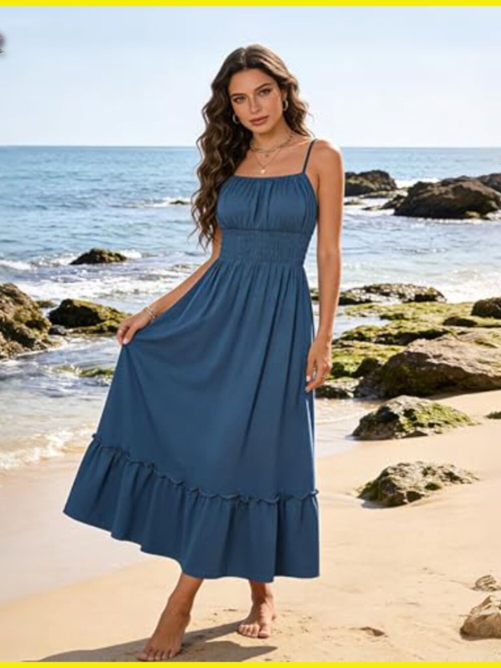 Summer Maxi Dress Smocked Ruched Bust Adjustable Straps Pockets Beach Vacation - Picture 6 of 7